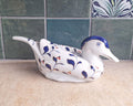 Vintage Blue Floral Ceramic Duck Planter  Folk Art Bird Plant Pot Made in China