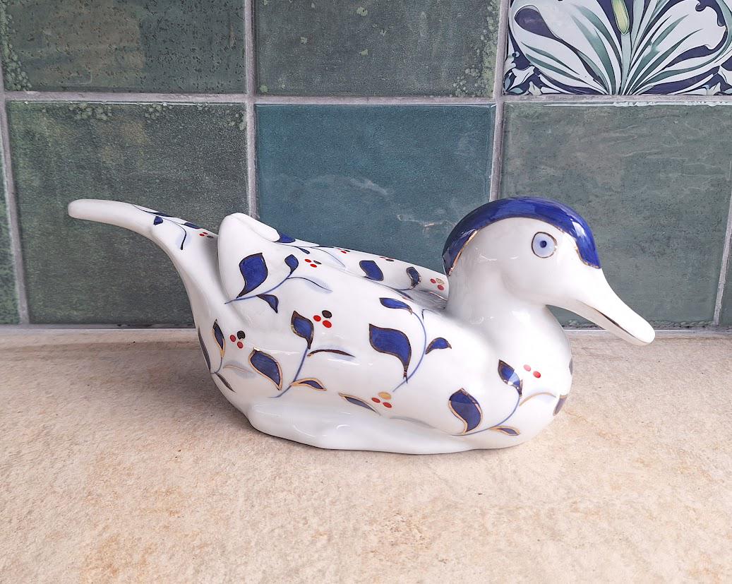 Vintage Blue Floral Ceramic Duck Planter  Folk Art Bird Plant Pot Made in China
