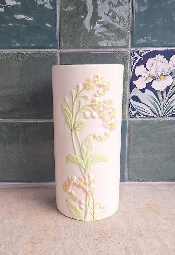 Vintage White Ceramic Vase  Raised Floral Relief, Pastel Botanical Design