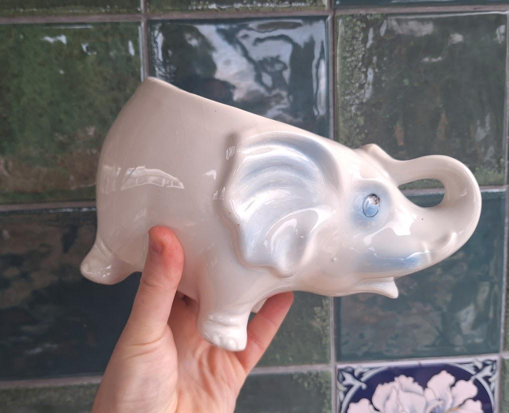Vintage Ceramic Elephant Planter  White Blue Detail Animal Pot, Retro Nursery Decor