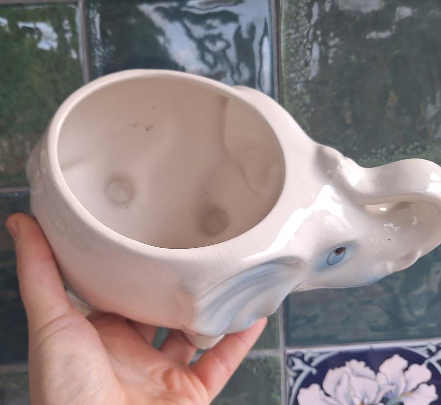 Vintage Ceramic Elephant Planter  White Blue Detail Animal Pot, Retro Nursery Decor