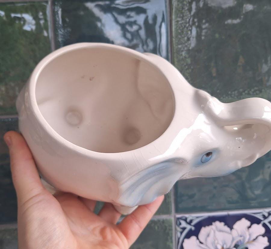 Vintage Ceramic Elephant Planter  White Blue Detail Animal Pot, Retro Nursery Decor