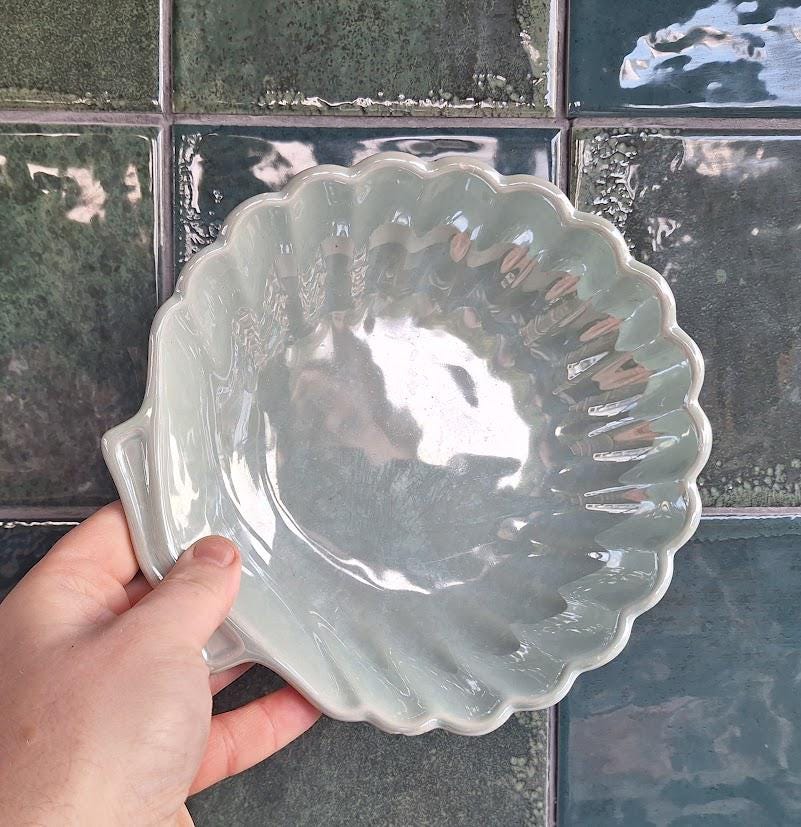 Vintage Pale Green Ceramic Shell Dish  Scallop Bowl Coastal Decor Serving Dish