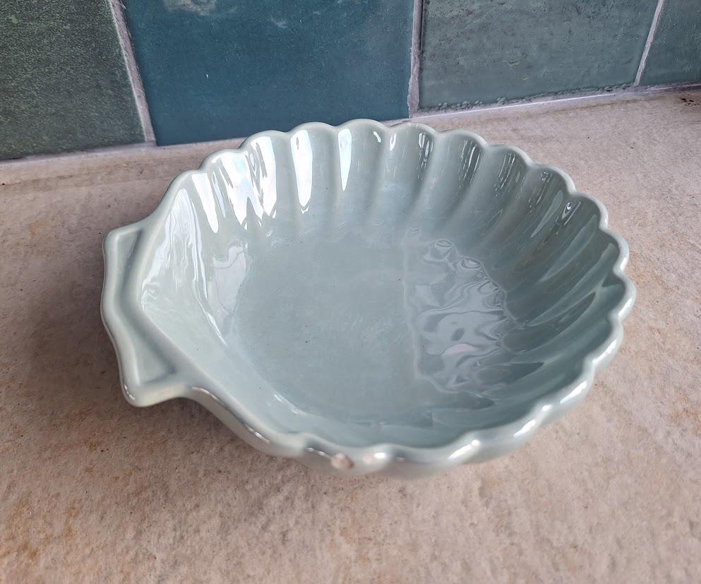 Vintage Pale Green Ceramic Shell Dish  Scallop Bowl Coastal Decor Serving Dish
