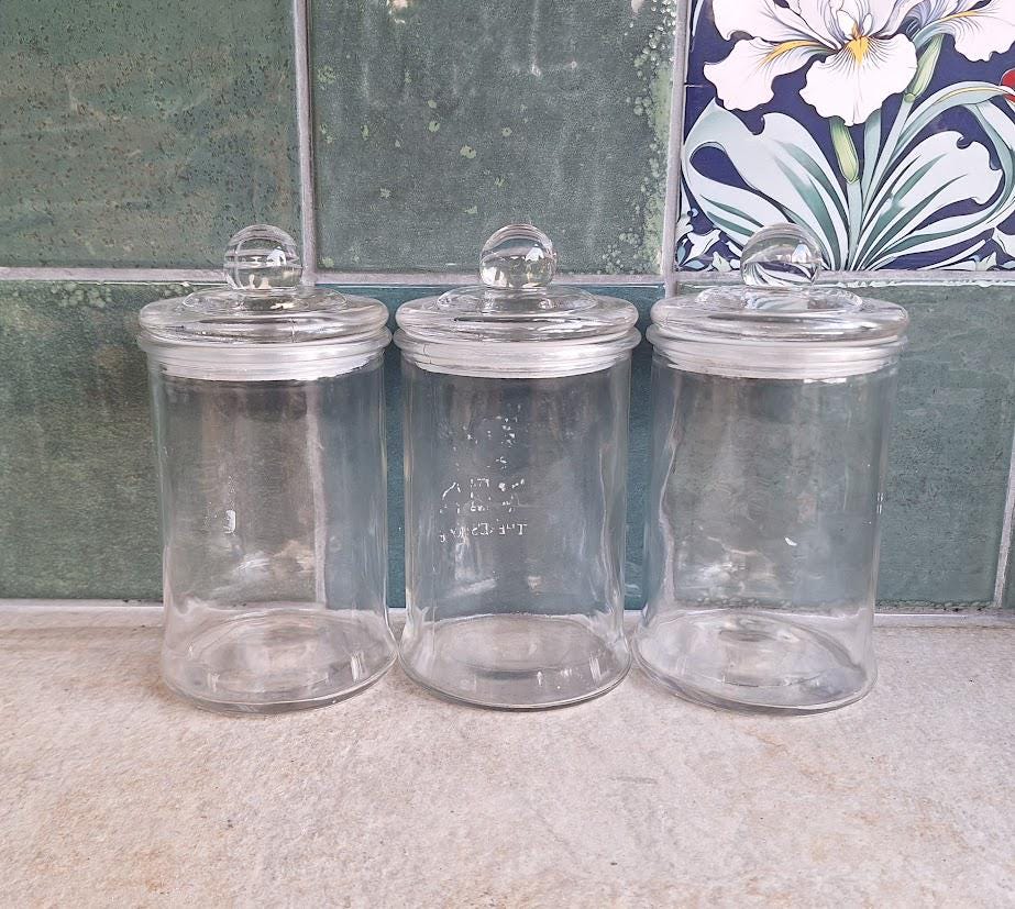 Vintage Glass Storage Jars Set of 3 Clear Kitchen Canisters With Lids Pantry Storage Apothecary Style Jars