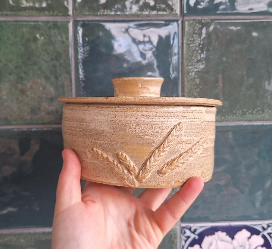 Handmade Rustic Ceramic Lidded Bowl, Artisan Stoneware Pot, Vintage Studio Pottery Dish with Wheat Relief, Farmhouse Kitchen Decor