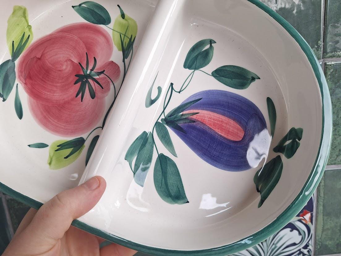 Vintage Portuguese Divided Serving Dish, Hand Painted Fruit Platter, Ceramica Actual Oven to Table Dish, Rustic Kitchen Serving Plate