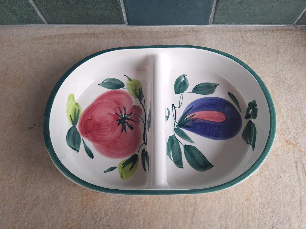 Vintage Portuguese Divided Serving Dish, Hand Painted Fruit Platter, Ceramica Actual Oven to Table Dish, Rustic Kitchen Serving Plate
