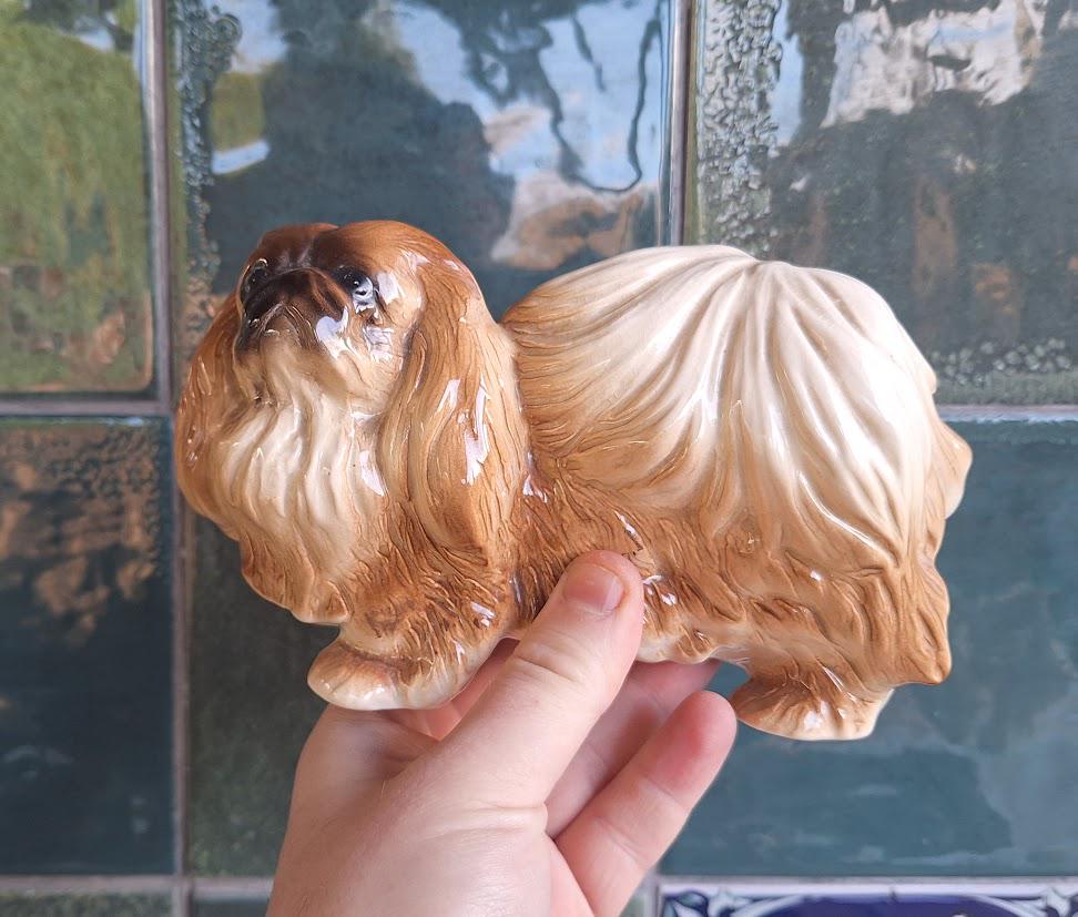 Vintage Coopercraft Style Ceramic Dog Figurine, Long Haired Pekinese Ornament, Gloss Glazed Spaniel Figure, Retro Dog Decor