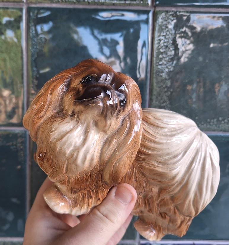 Vintage Coopercraft Style Ceramic Dog Figurine, Long Haired Pekinese Ornament, Gloss Glazed Spaniel Figure, Retro Dog Decor