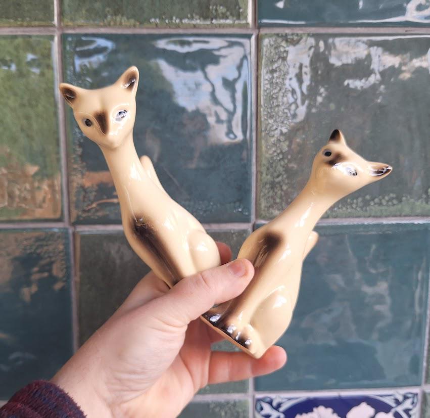 Vintage Siamese Cat Figurines Pair, Mid Century Ceramic Cats, Retro Kitsch Cat Ornaments, Gloss Glazed Animal Figures