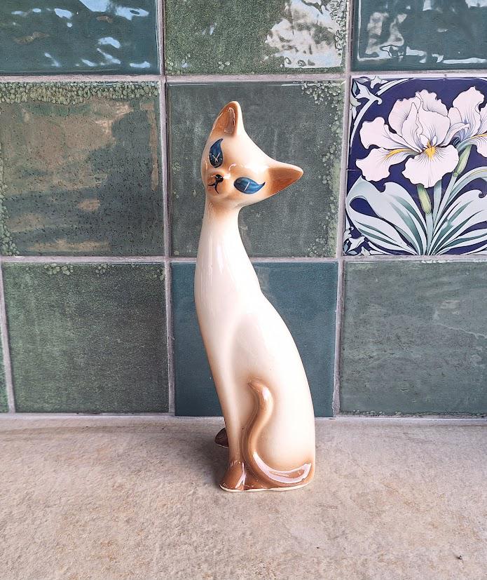 Vintage Tall Siamese Cat Figurine, Mid Century Ceramic Cat Ornament, Retro Kitsch Long Neck Cat, Gloss Glazed Animal Decor
