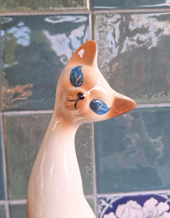 Vintage Tall Siamese Cat Figurine, Mid Century Ceramic Cat Ornament, Retro Kitsch Long Neck Cat, Gloss Glazed Animal Decor