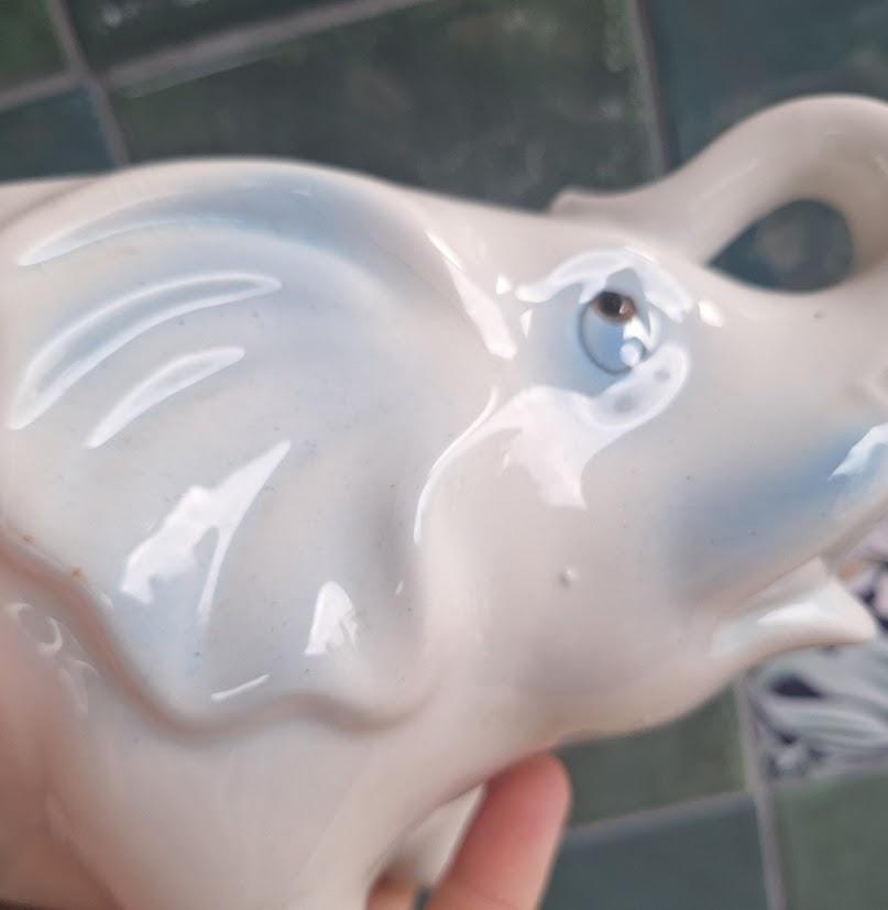 Vintage Ceramic Elephant Planter  White Blue Detail Animal Pot, Retro Nursery Decor