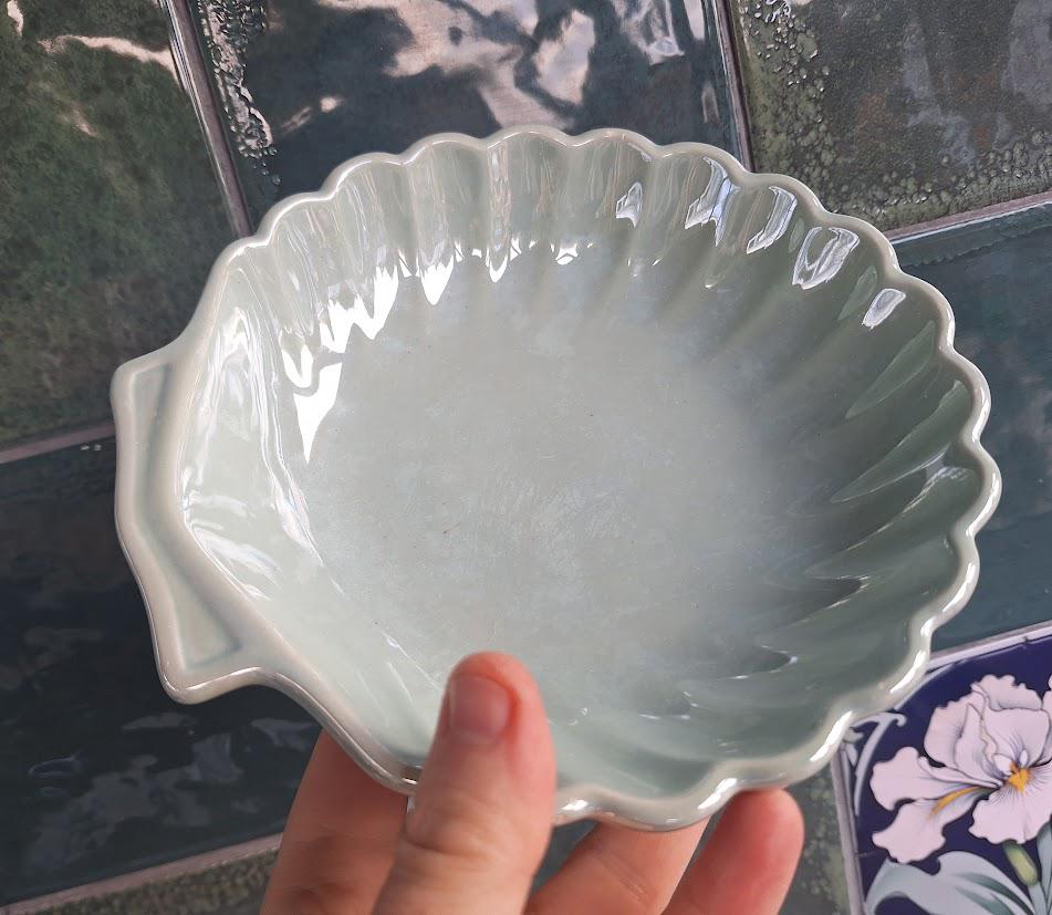 Vintage Pale Green Ceramic Shell Dish  Scallop Bowl Coastal Decor Serving Dish