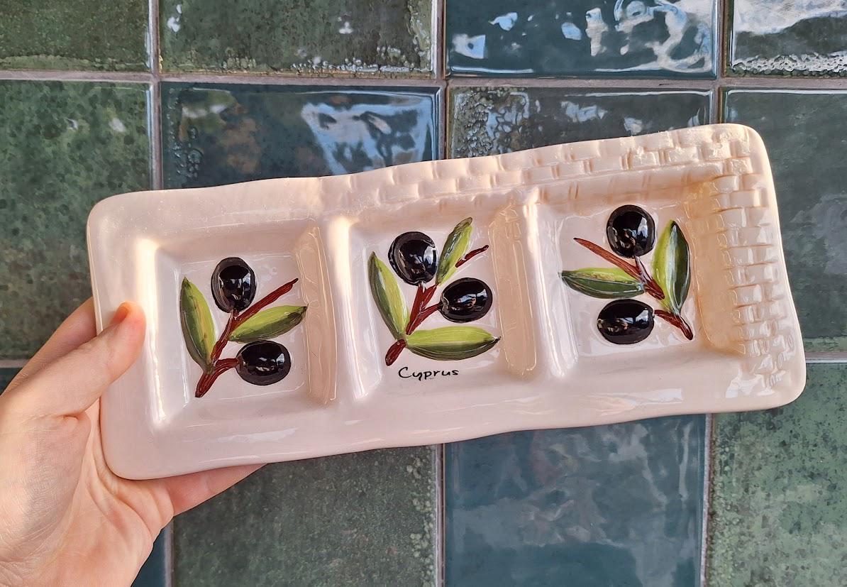 Vintage Cyprus Olive Serving Dish, Hand Painted Ceramic Meze Platter, Divided Tapas Dish, Mediterranean Kitchen Decor
