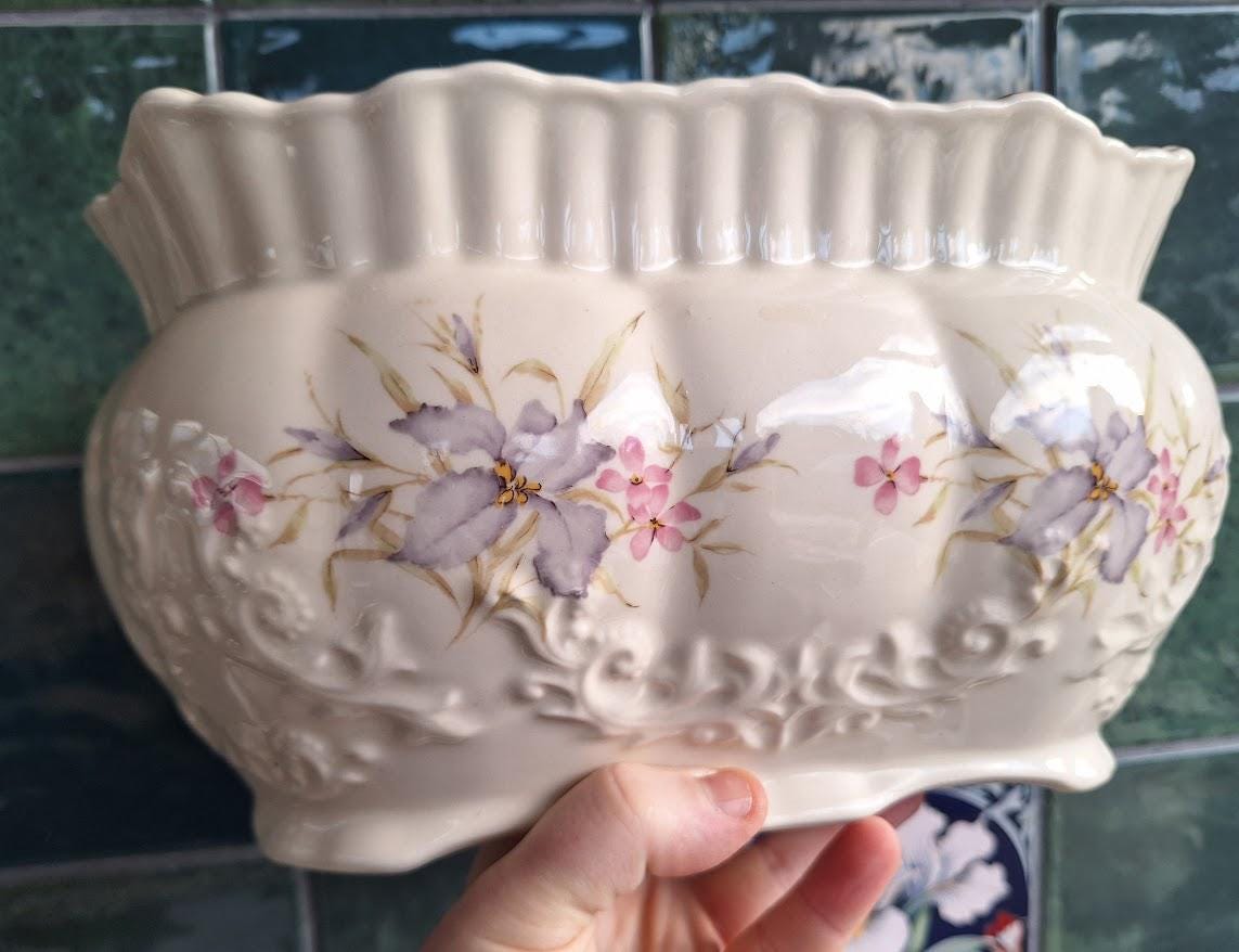 Vintage Olde Staffordshire Pottery Planter, Floral Ceramic Jardiniere, Handcrafted England Vase, Cottagecore Decorative Plant Pot