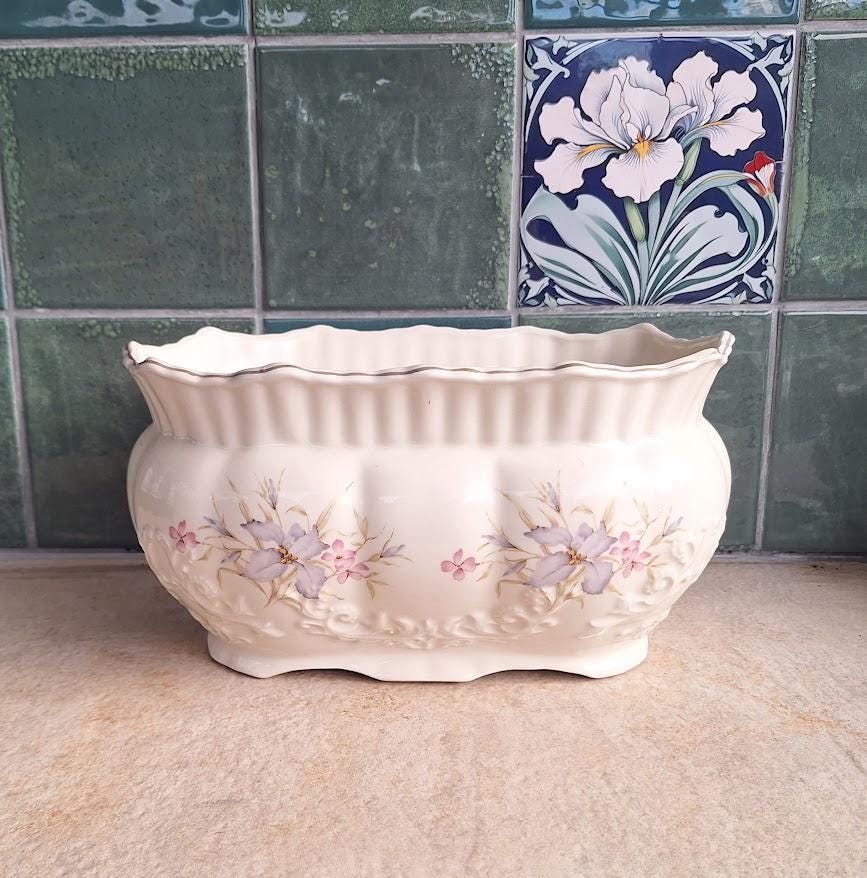Vintage Olde Staffordshire Pottery Planter, Floral Ceramic Jardiniere, Handcrafted England Vase, Cottagecore Decorative Plant Pot