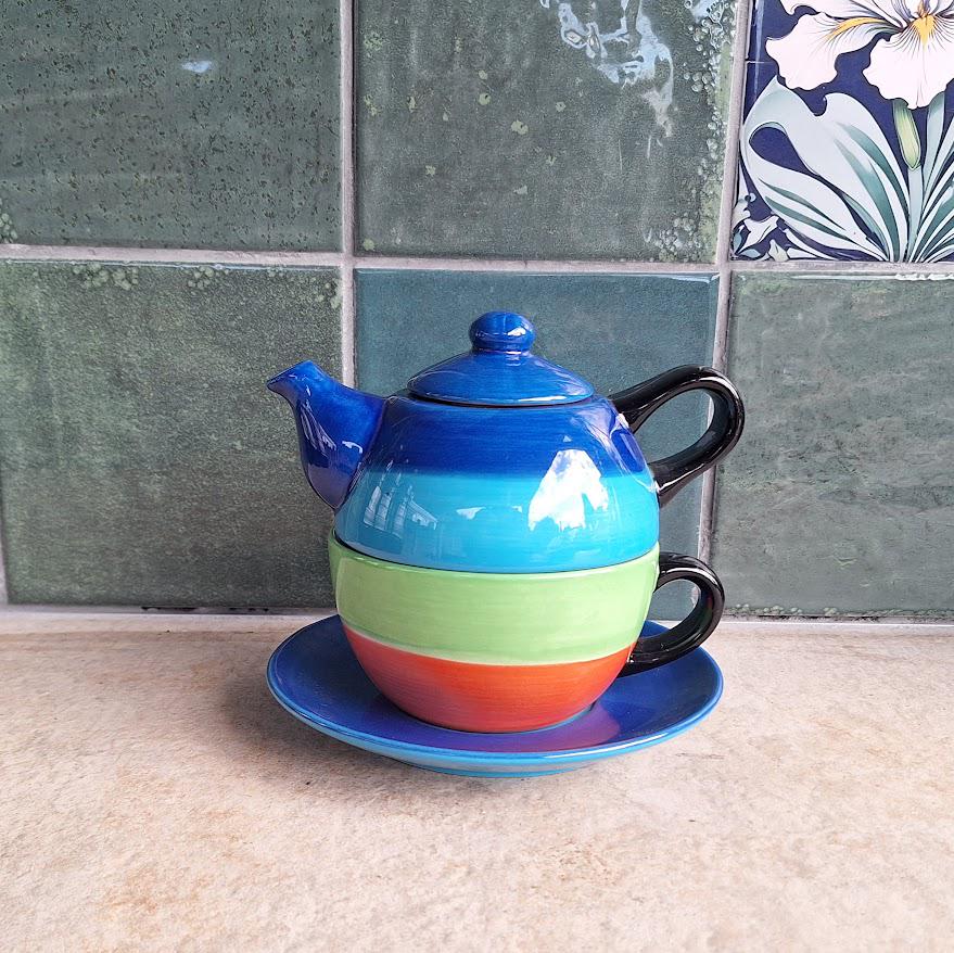 Whittard of Chelsea Tea for One Set, Colourful Striped Teapot Cup Saucer, Stacking Teaset, Modern Ceramic Teaware