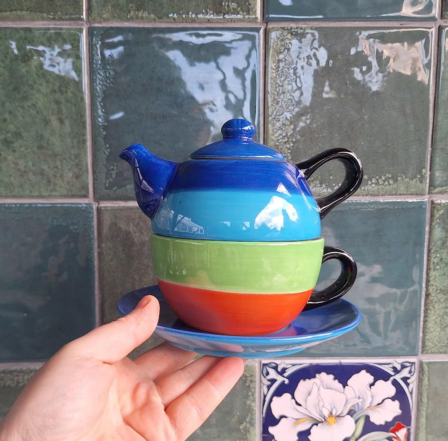 Whittard of Chelsea Tea for One Set, Colourful Striped Teapot Cup Saucer, Stacking Teaset, Modern Ceramic Teaware