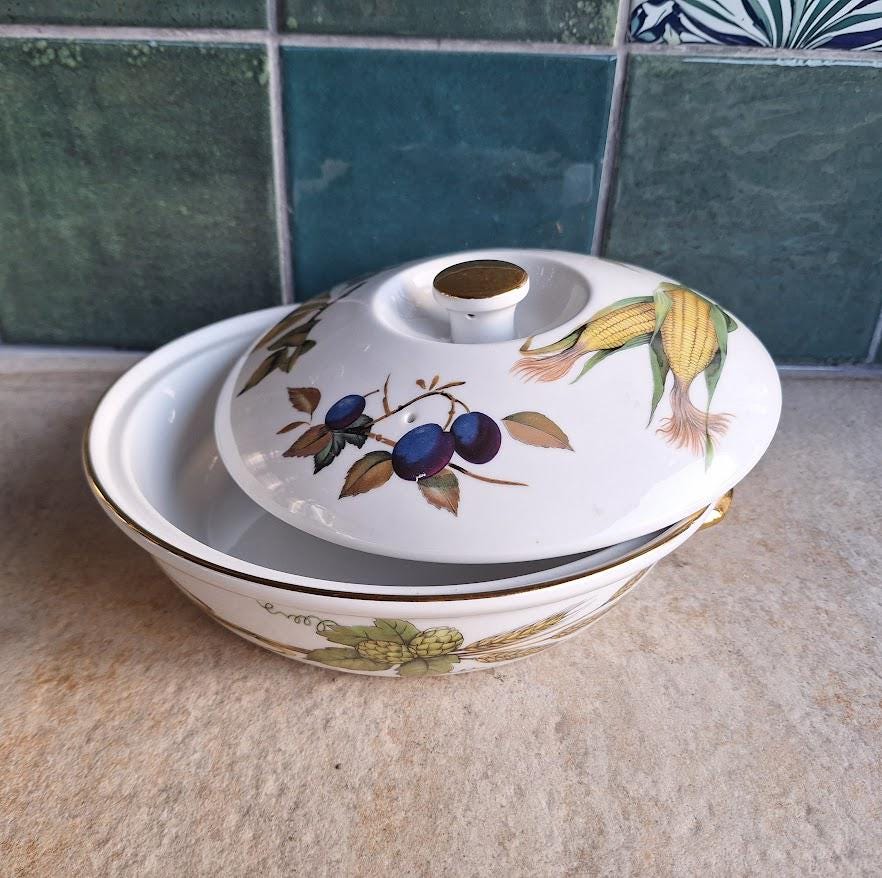 Vintage Royal Worcester Evesham Lidded Serving Dish, Fine Bone China Tureen, Fruit & Wheat Pattern, English Oven to Tableware