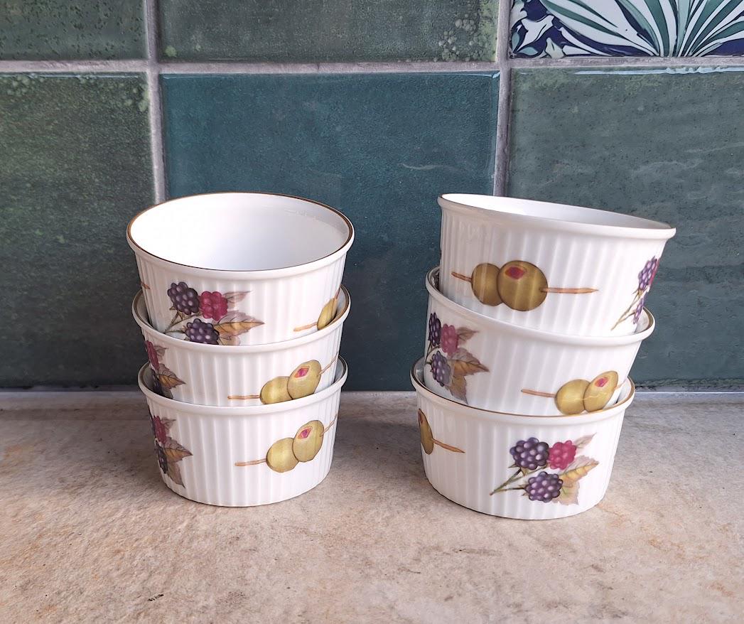 Set of 6 Vintage Royal Worcester Evesham Ramekins, Oven to Tableware Dishes, Fine Porcelain Baking Pots, English Kitchenware