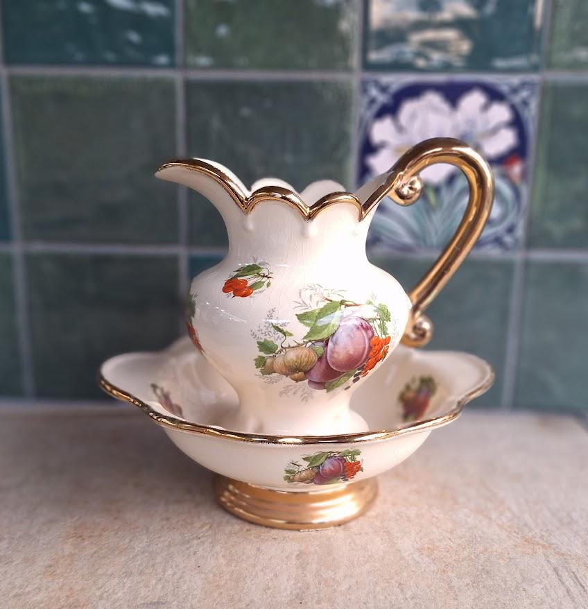 Vintage Ceramic Wash Jug & Bowl Set, Fruit Pattern Basin Pitcher, Gilt Handle Ewer Set, Decorative Washstand Set Cottagecore Decor