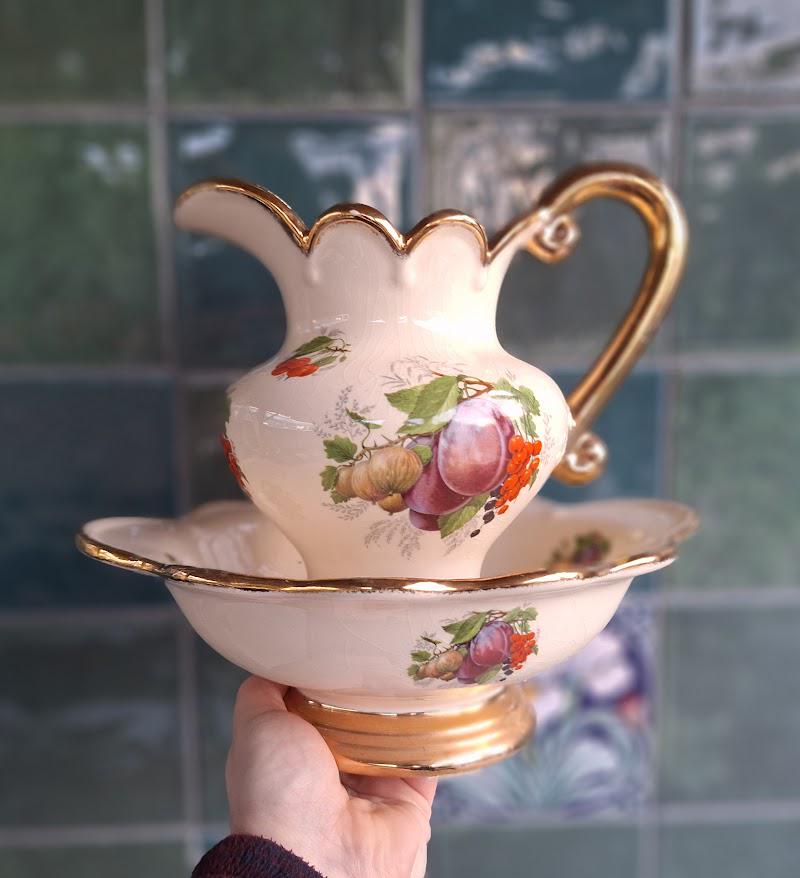 Vintage Ceramic Wash Jug & Bowl Set, Fruit Pattern Basin Pitcher, Gilt Handle Ewer Set, Decorative Washstand Set Cottagecore Decor