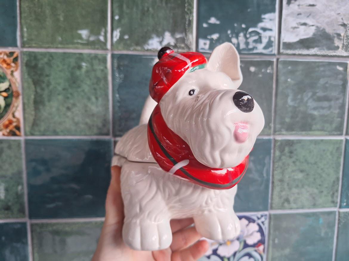 Novelty Scottie Dog Cookie Jar, Ceramic Terrier Biscuit Jar with Lid, White Dog Storage Jar Red Scarf Hat, Grandma Wilds Kitchen Decor
