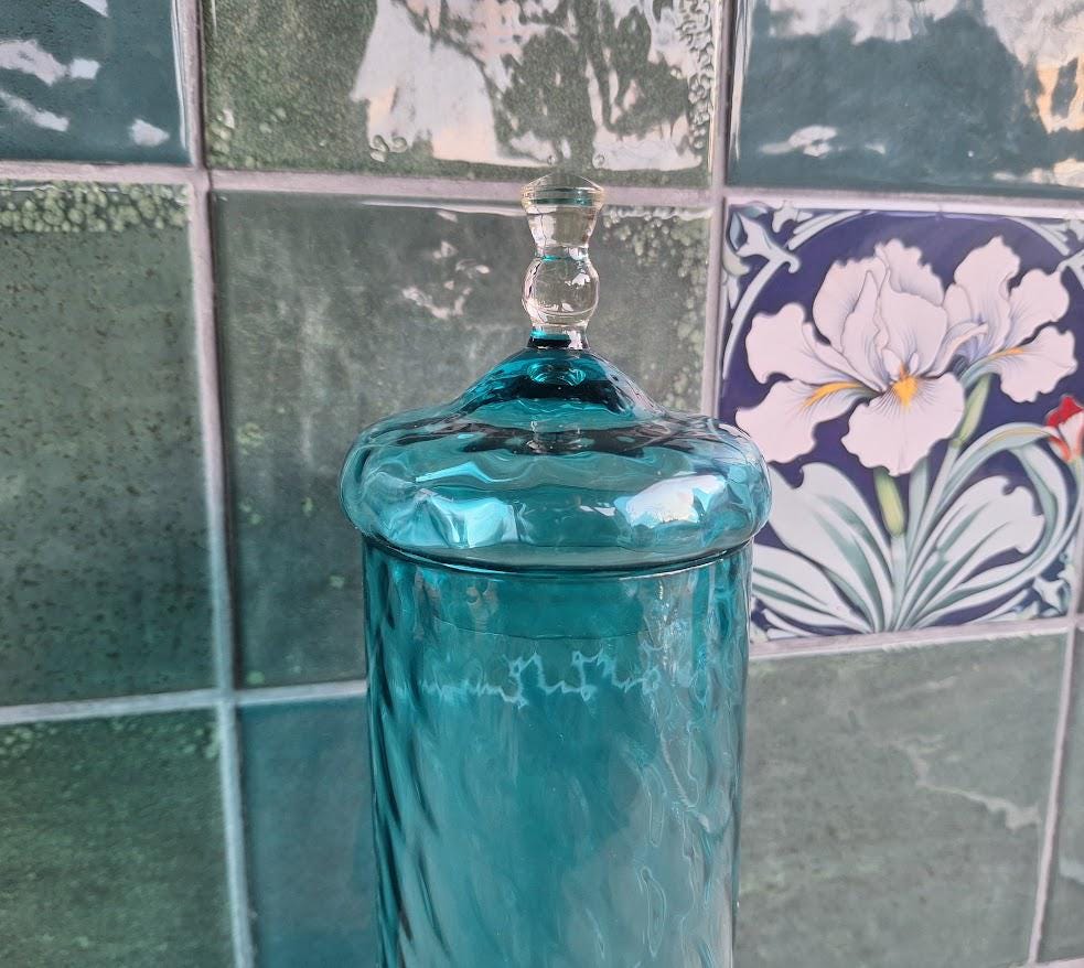 Tall Teal Blue Glass Apothecary Jar with Lid, Vintage Style Storage Jar, Decorative Bottle Vase, Textured Glass Canister