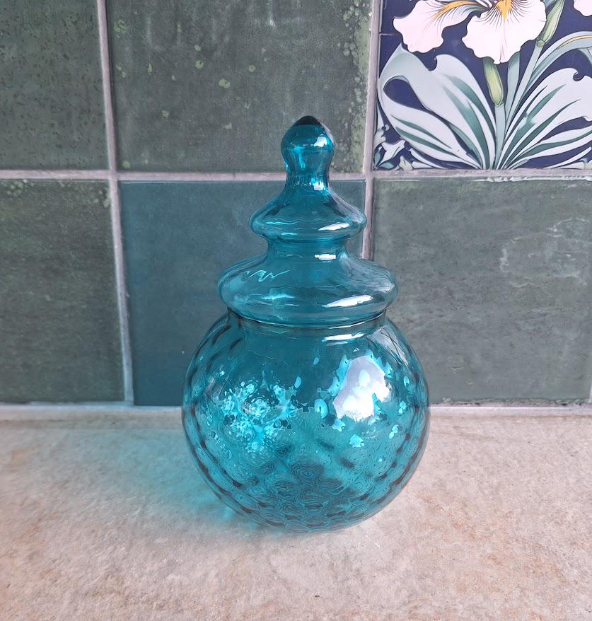 Vintage Style Teal Blue Glass Lidded Jar, Round Bubble Glass Trinket Pot, Decorative Candy Dish Storage Jar