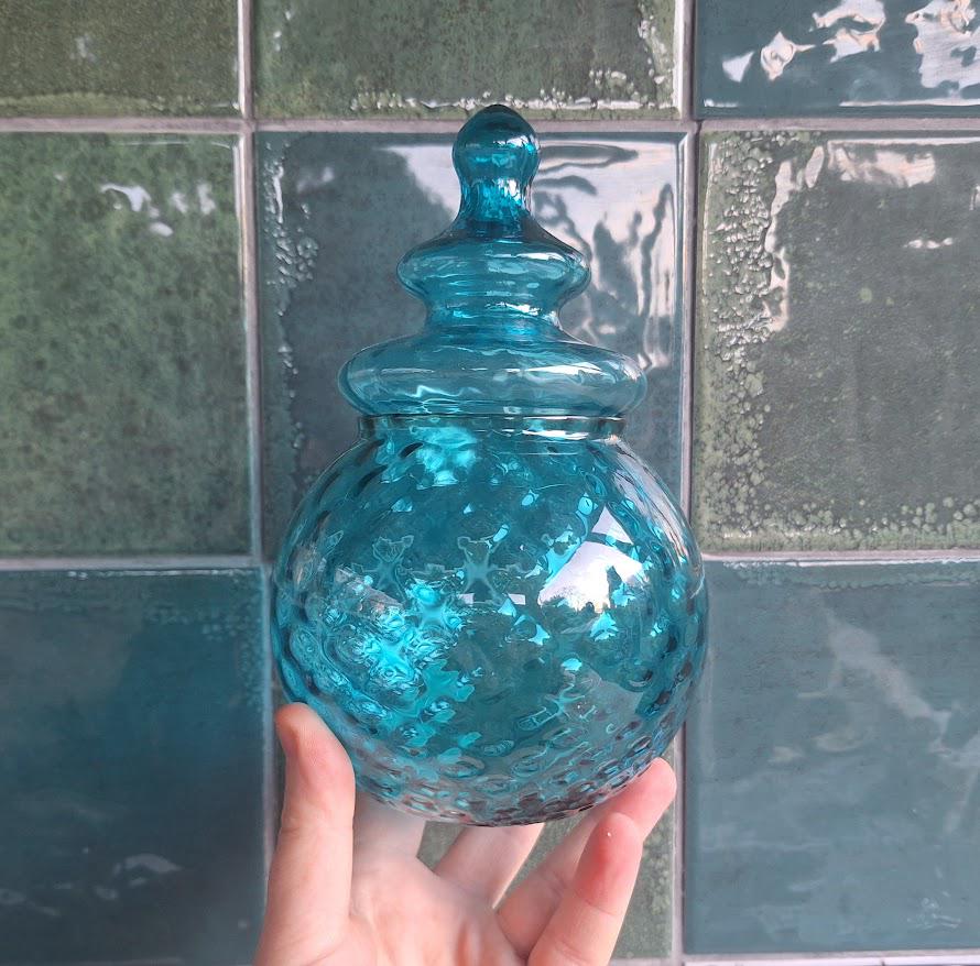Vintage Style Teal Blue Glass Lidded Jar, Round Bubble Glass Trinket Pot, Decorative Candy Dish Storage Jar