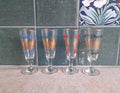 Set of 4 Vintage Champagne Flutes with Gold & Coloured Geometric Design, Retro Cocktail Glasses