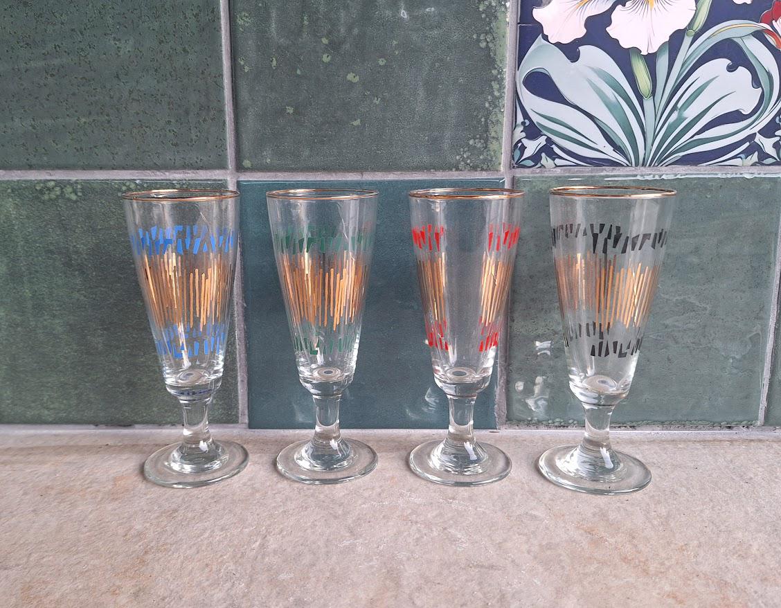 Set of 4 Vintage Champagne Flutes with Gold & Coloured Geometric Design, Retro Cocktail Glasses