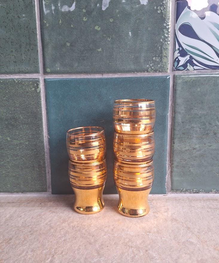 Set of 6 Vintage Gold Shot Glasses, Retro Barware, Gold Banded Liqueur Glasses