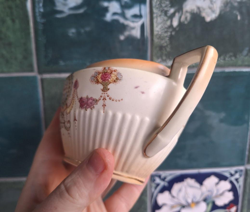 Vintage Crown Devon Twin Handle Sugar Bowl, Lyre Design, 1930s40s, Cream Floral Dish, Made in England