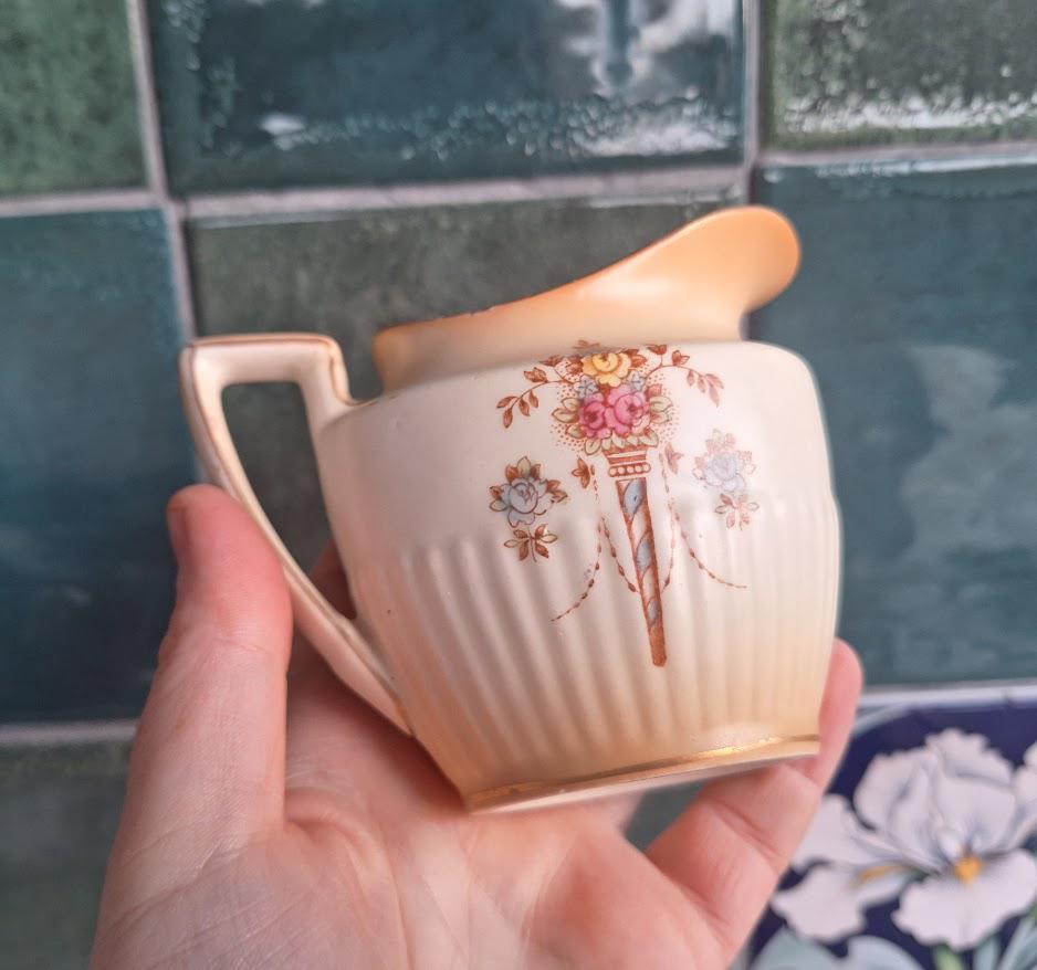 Vintage Crown Devon Cream Jug, Lyre Pattern, 1930s40s, Floral Milk Jug, Fieldings England