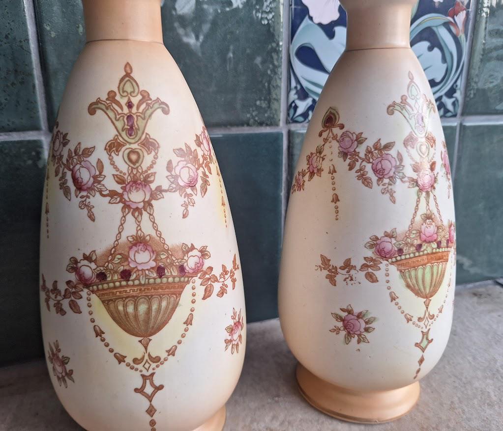 Vintage Pair Crown Devon Fieldings Vases Floral Lyre Pattern Art Deco Ceramic Mantel Vases Stoke on Trent England 1930s Cottage Decor
