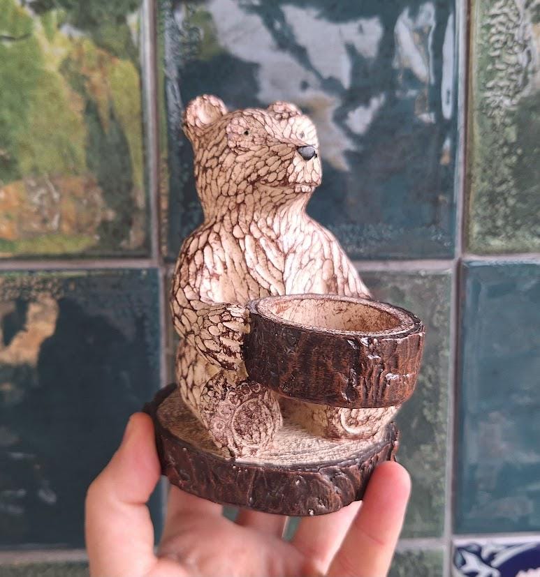 Vintage Bear Ornament Tea Light Holder Resin Wood Effect Rustic Woodland Decor Cabin Style Candle Holder