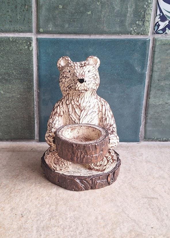 Vintage Bear Ornament Tea Light Holder Resin Wood Effect Rustic Woodland Decor Cabin Style Candle Holder