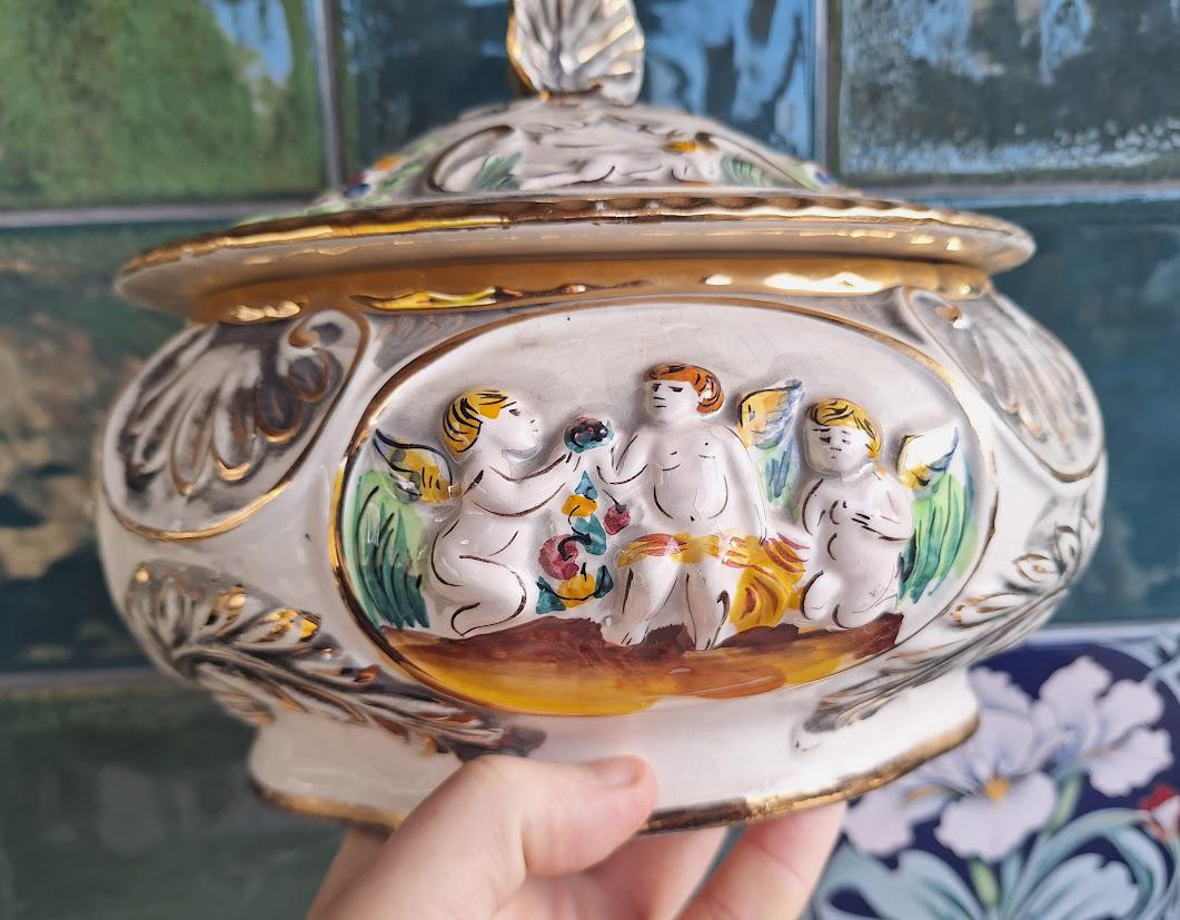 Vintage Italian Capodimonte Style Cherub Tureen, Ornate Lidded Ceramic Bowl, Gold Gilt Putti Relief Dish, Decorative Centrepiece