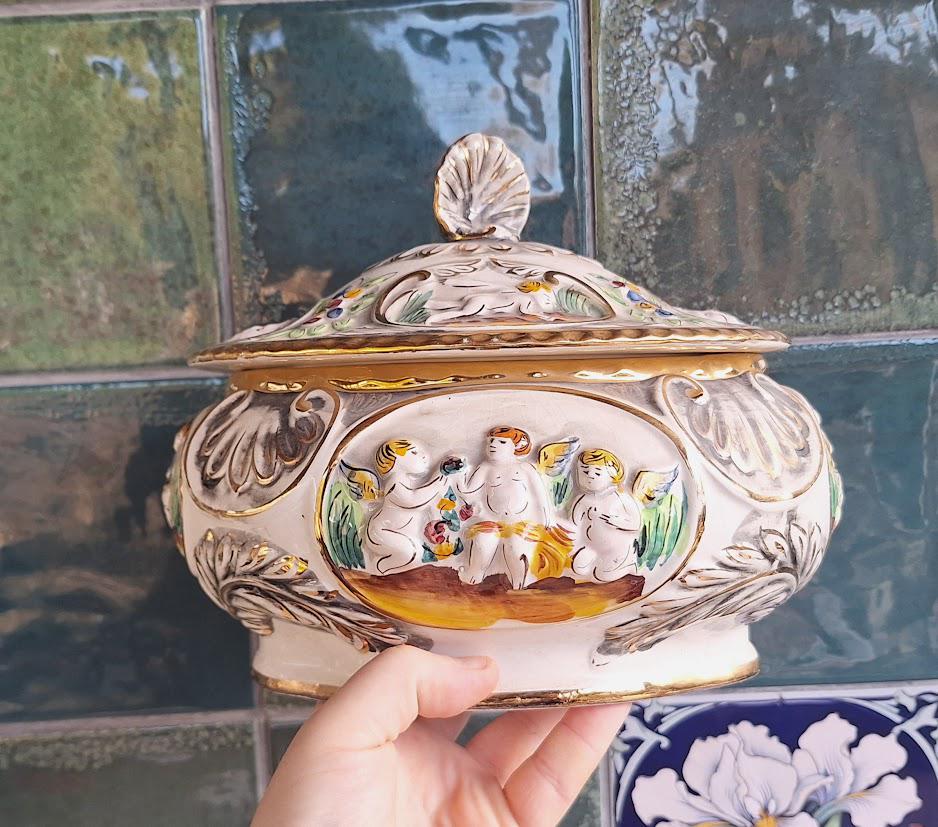 Vintage Italian Capodimonte Style Cherub Tureen, Ornate Lidded Ceramic Bowl, Gold Gilt Putti Relief Dish, Decorative Centrepiece