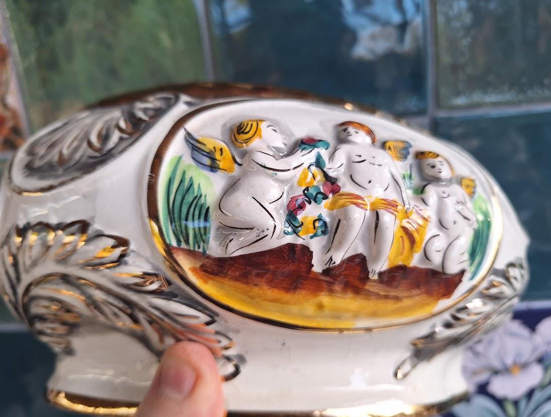 Vintage Italian Capodimonte Style Cherub Tureen, Ornate Lidded Ceramic Bowl, Gold Gilt Putti Relief Dish, Decorative Centrepiece