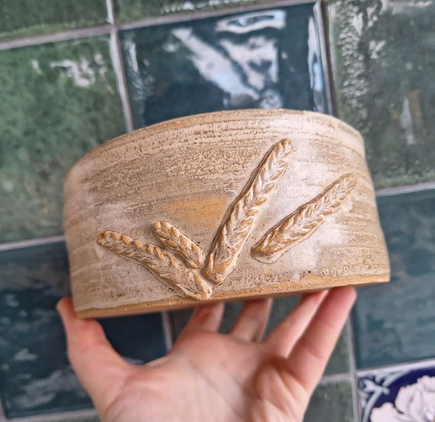 Handmade Rustic Ceramic Lidded Bowl, Artisan Stoneware Pot, Vintage Studio Pottery Dish with Wheat Relief, Farmhouse Kitchen Decor