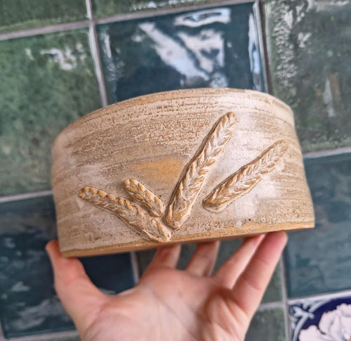 Handmade Rustic Ceramic Lidded Bowl, Artisan Stoneware Pot, Vintage Studio Pottery Dish with Wheat Relief, Farmhouse Kitchen Decor