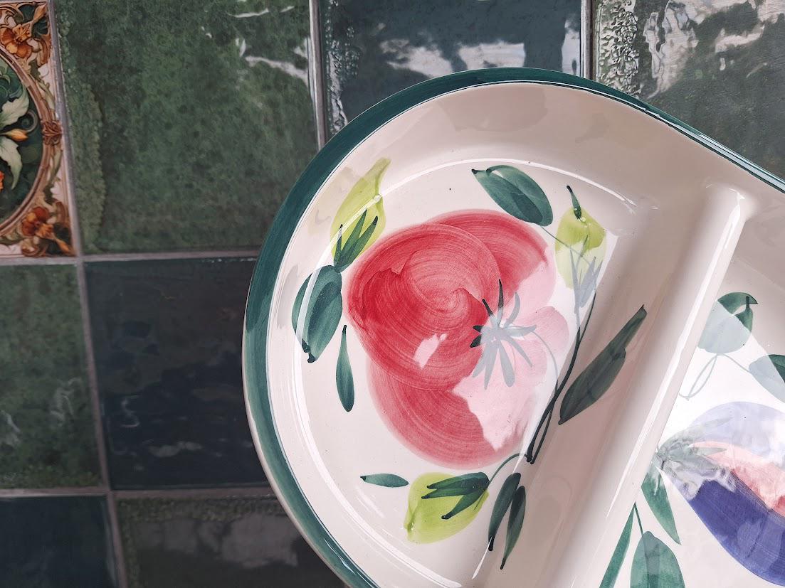 Vintage Portuguese Divided Serving Dish, Hand Painted Fruit Platter, Ceramica Actual Oven to Table Dish, Rustic Kitchen Serving Plate