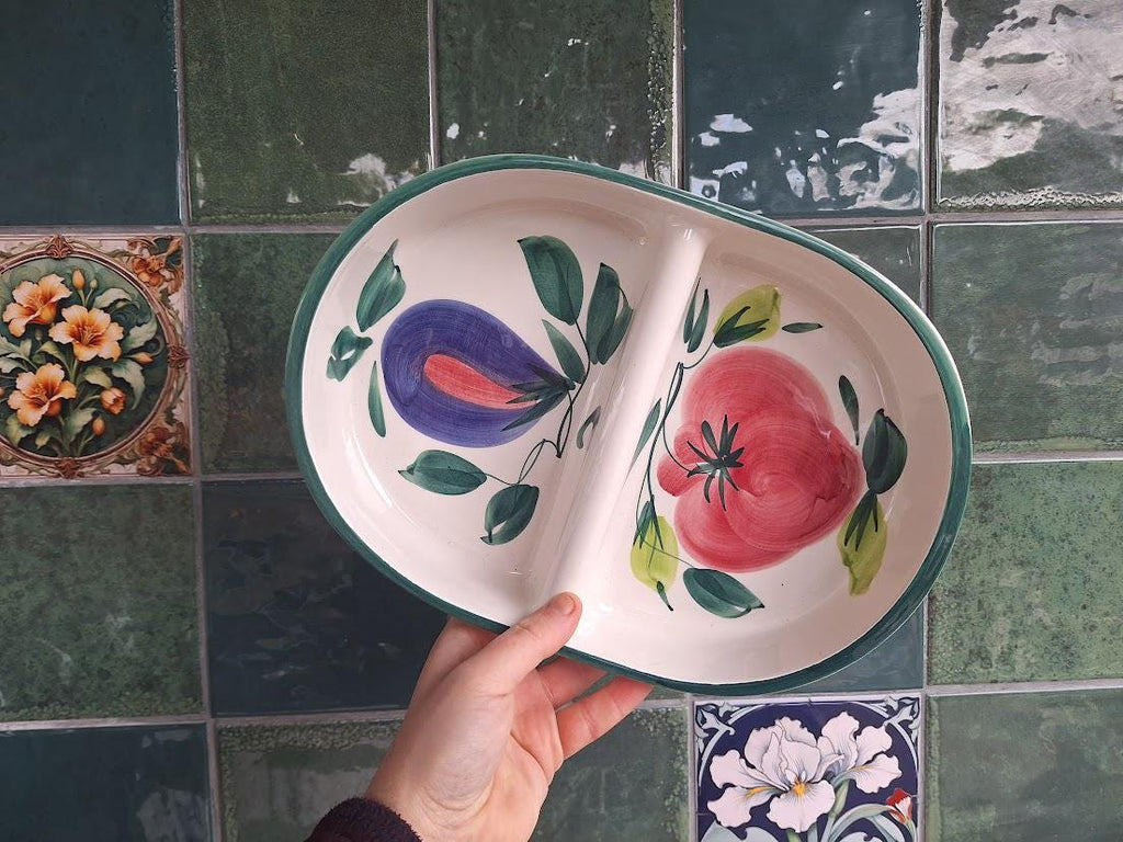 Vintage Portuguese Divided Serving Dish, Hand Painted Fruit Platter, Ceramica Actual Oven to Table Dish, Rustic Kitchen Serving Plate