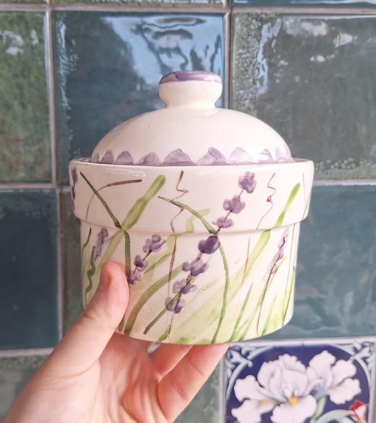 Hand Painted Lavender Ceramic Lidded Pot, Rustic Herb Storage Jar, Cottagecore Kitchen Canister, Vintage Style Floral Pot