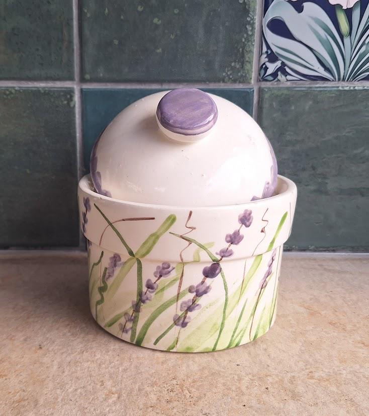 Hand Painted Lavender Ceramic Lidded Pot, Rustic Herb Storage Jar, Cottagecore Kitchen Canister, Vintage Style Floral Pot