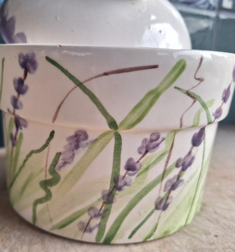 Hand Painted Lavender Ceramic Lidded Pot, Rustic Herb Storage Jar, Cottagecore Kitchen Canister, Vintage Style Floral Pot